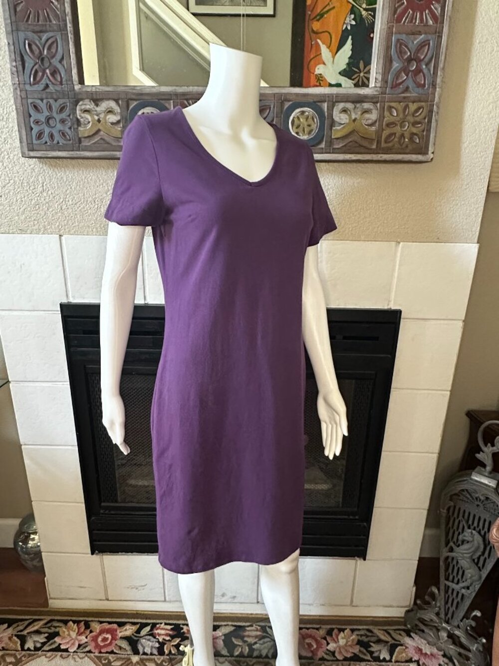Woman Dress Woman In Control XS purple stretch v-neck short sleeves knee length